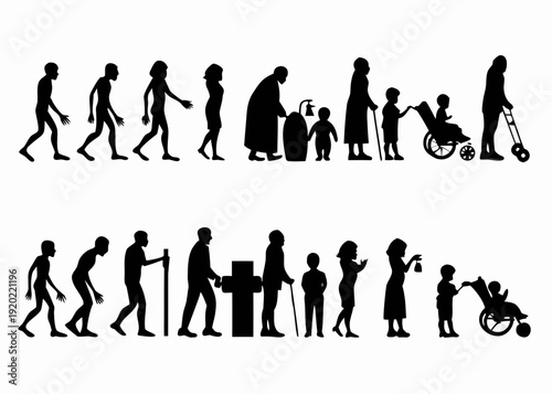 Human life cycle evolution from birth to old age depicted in silhouette