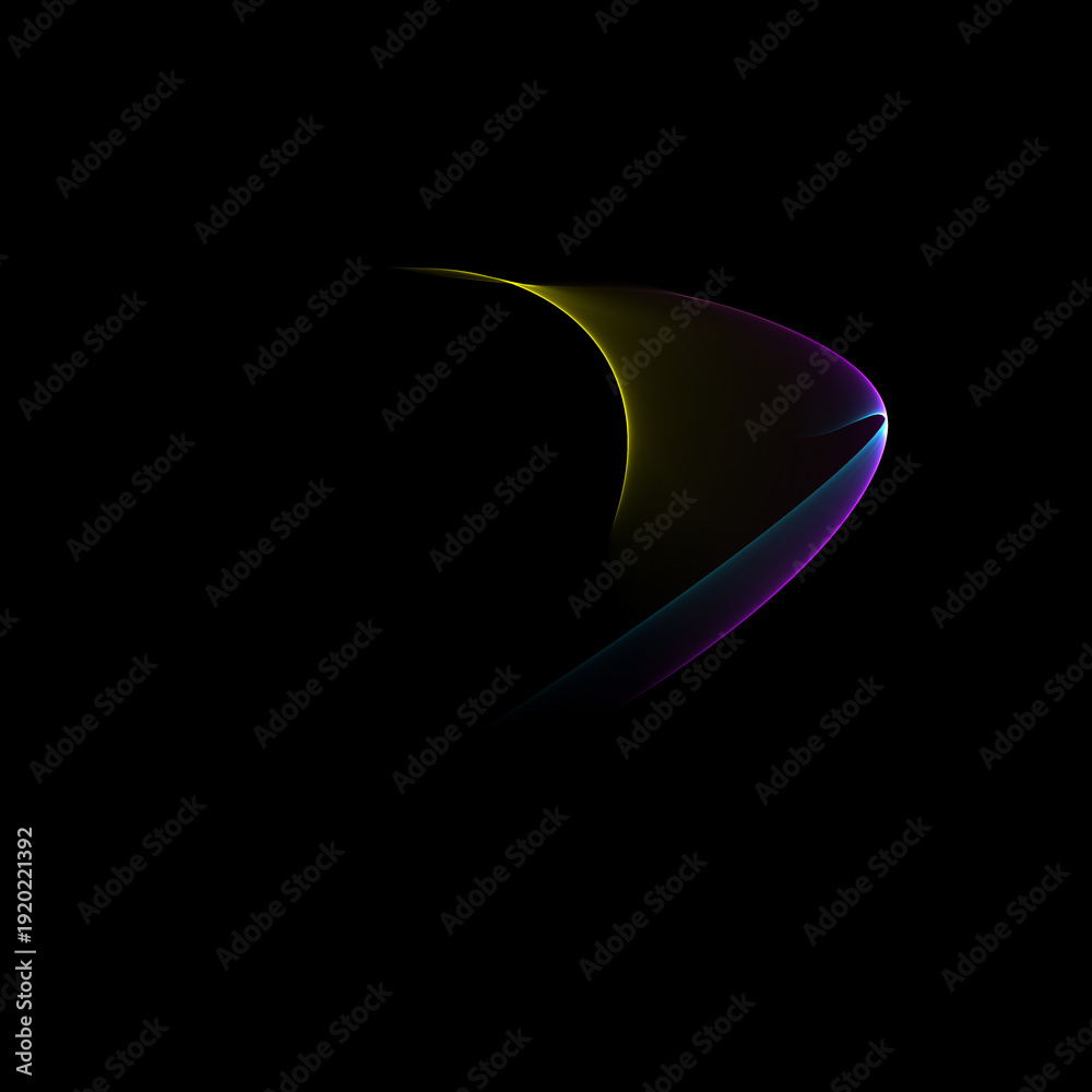 Fototapeta premium Eclipsing neon crescent sail – luminous yellow, magenta and cyan light arc emerging from deep cosmic shadow on an infinite velvet black void