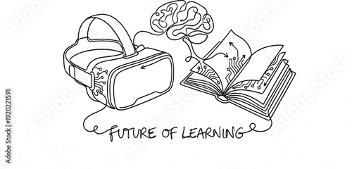 Black and white line art of VR headset, book, and brain showing the future of learning