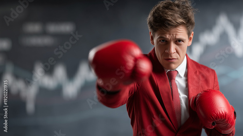 Corporate Combat: A sharp suited man with boxing gloves, embodying the combative spirit of the business world, ready to face market challenges.