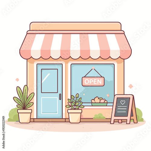 Charming storefront with open sign and plants