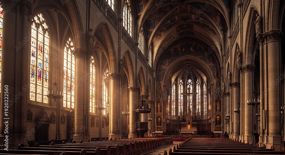 Obraz premium Vast interior of a grand religious building features high vaulted ceilings and bright stained glass illumination