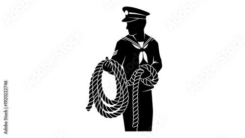 Silhouette of a sailor holding a coiled rope.