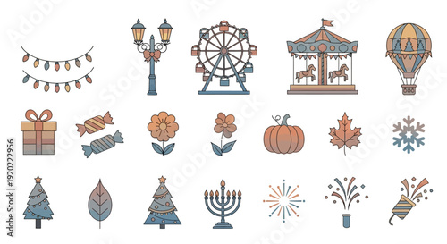 A festive collection of autumn and winter icons, including holiday symbols and carnival elements, viewed from a straightforward perspective in a digital illustration style.