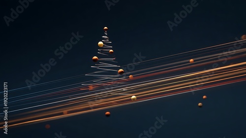 Abstract representation of a stylized evergreen shape formed by luminous threads against a dark background