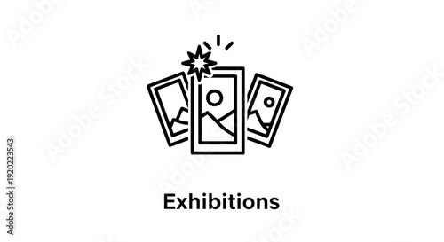Exhibition graphics illustration featuring art pieces and creative designs displayed in a modern gallery setting from a front viewpoint