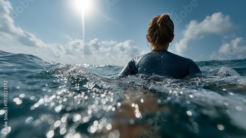 Ocean Dive: A lone individual immersed in the vast, serene ocean, surrendering to its embrace under a brilliant, sun-kissed sky.