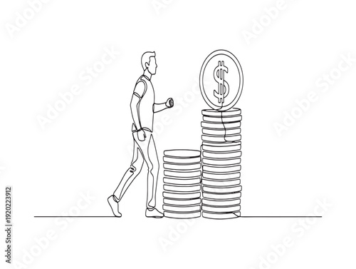 A man walking towards a large stack of coins with a coin on top