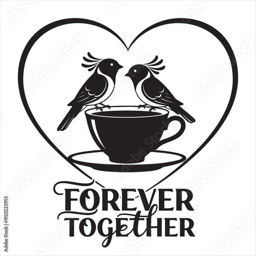 Two cute birds sharing a coffee cup inside a heart shape, symbolizing love and togetherness.