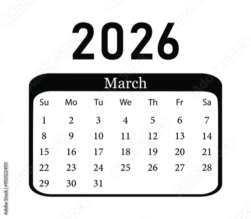 March 2026 monthly calendar template simple black and white design