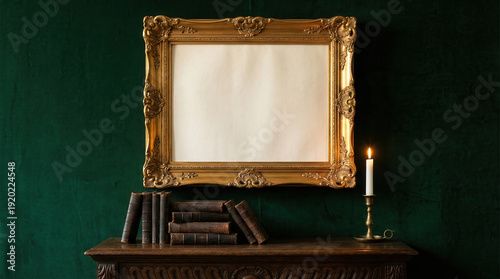 Blank ornate gold vintage frame mockup on dark emerald green wall