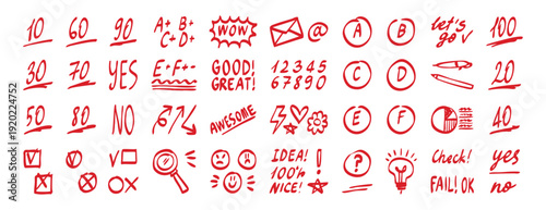Exam marks checks arrows circles set collection doodle hand drawn icon. Outline drawing highlight line clipart symbol.