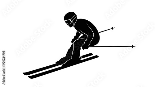Silhouette of a skier descending a slope with ski poles.