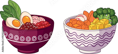 Healthy Buddha Bowl Set with Fresh Vegetables Eggs and Grains Colorful Nutrition Vector Illustration