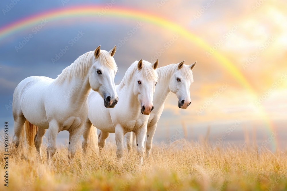 Obraz premium Majestic unicorn trio under a magical forest rainbow