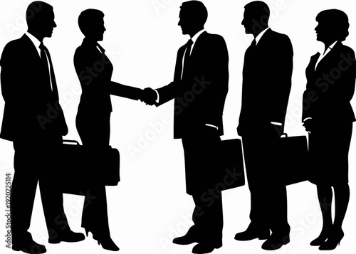 Silhouetted business professionals shaking hands in a formal setting
