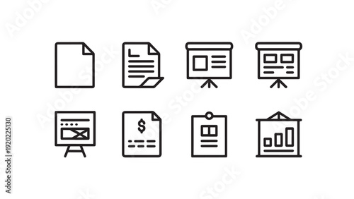 Minimalist document interface business office icon set variations