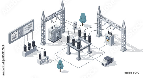Isometric illustration of industrial infrastructure with various machinery and equipment.