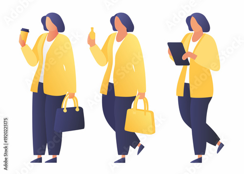 Three women in yellow jackets walking with personal items