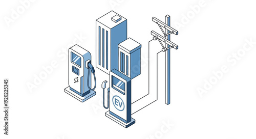 Isometric illustration of a modern gas station with various facilities.