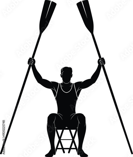 Black silhouette of a male rower sitting on a stool holding two long oars upwards, athletic sport flat vector illustration.