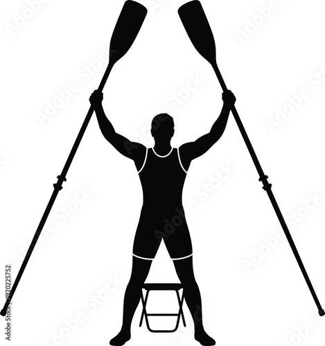 Black silhouette of a male rower athlete standing and sitting holding two long oars upwards, athletic sport flat vector illustration.
