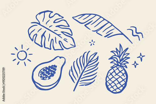 Tropical leaves and fruits naive doodle vector illustration