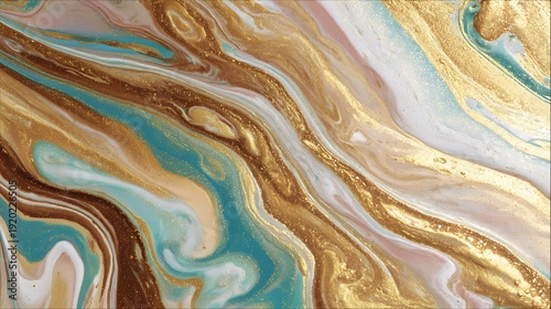Luxurious swirling paint mixture displays rich tones of gold, brown, and turquoise