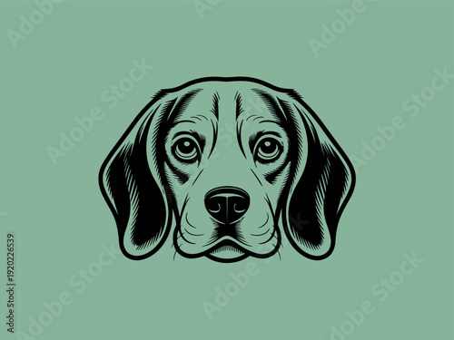 A detailed illustration depicts the head of a beagle with expressive soulful eyes high quality