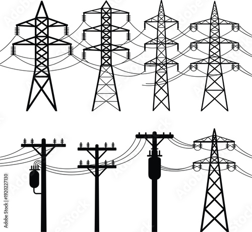 High voltage electricity transmission towers and utility poles vector set, power line pylons and electrical grid infrastructure isolated on white background illustration