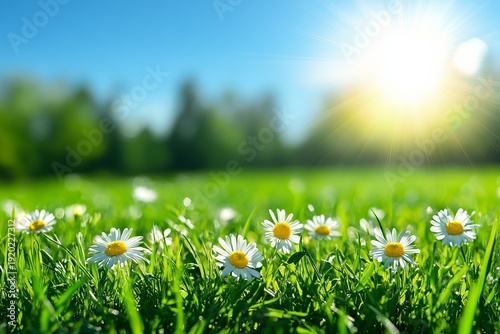 Vibrant spring landscape with colorful blooming flowers glowing in the soft morning light.