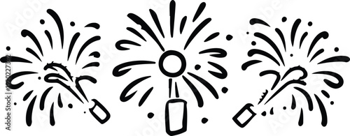 Simple black and white hand drawn illustration of three festive sparkling fireworks in a row.