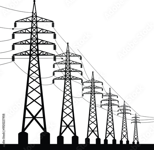 High Voltage Electricity Transmission Towers Silhouette Vector Illustration, Power Line Pylons Perspective View, Energy Infrastructure Grid Network, Industrial Utility Structure on White Background