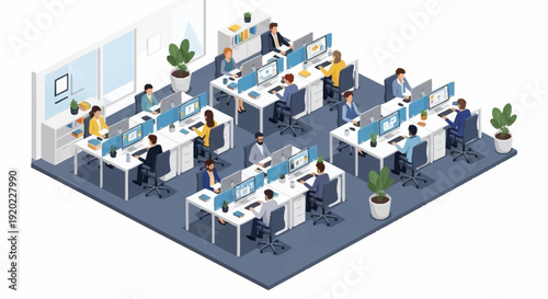 Isometric office space with multiple workstations and employees working on computers.