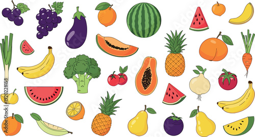 Fresh Fruits and Vegetables Collection Colorful Healthy Food Set Vector Illustration