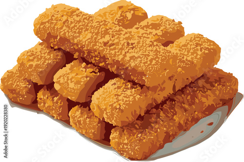 Fried golden breaded fish sticks crispy chicken nuggets delicious crunchy snacks flat vector illustration isolated on white background tasty finger food