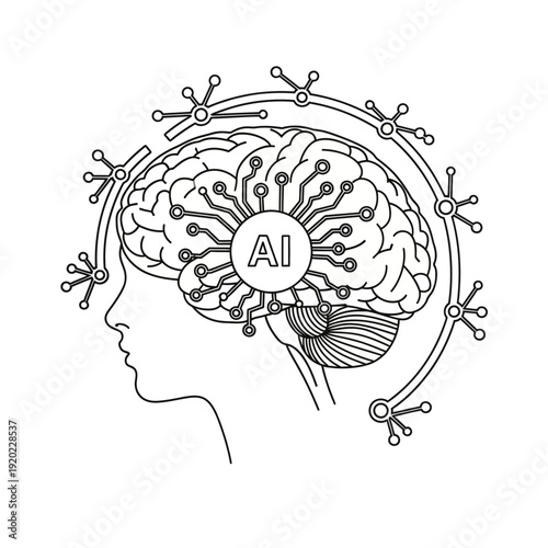 Human Head with AI Brain and Circuitry.