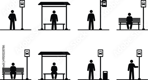 Bus stop silhouette icon set, public transportation waiting people, urban transit shelter bench sign, black isolated vector illustration collection