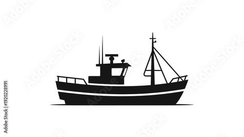 Silhouette of a Fishing Boat on a White Background.