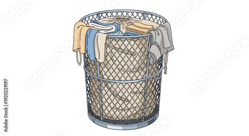 A metal mesh laundry hamper overflowing with dirty clothes and towels, ready for washing.