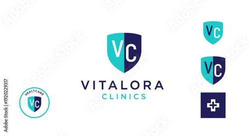 Vitalora Clinics logo design featuring a stylized VC lettermark inside a shield with a medical cross, representing healthcare and wellness, on an isolated white background.