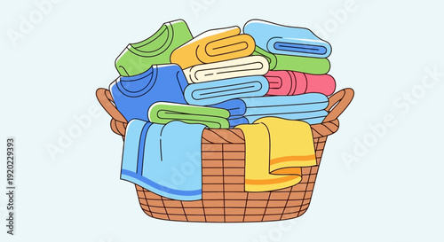 A cartoon illustration of a wicker laundry basket overflowing with neatly folded colorful clothes and towels, symbolizing household chores and organization.