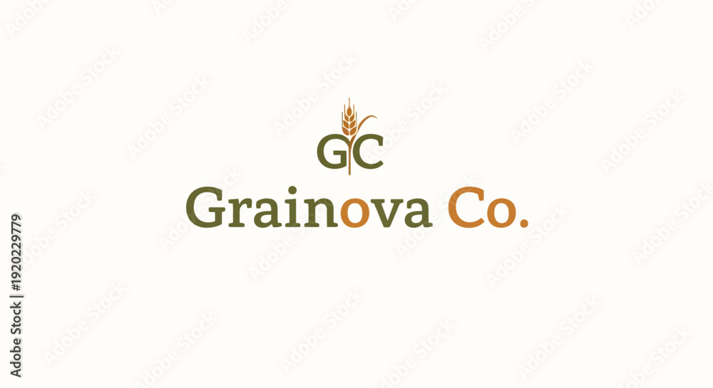 Fototapeta premium Agricultural and food company logo for Grainova Co. with a stylized wheat stalk, isolated white background.