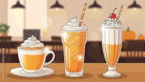 Three glasses of orange dessert drinks with whipped cream on a table in a restaurant with a warm atmosphere.