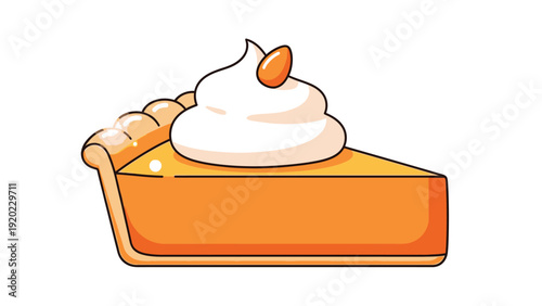 A cartoon slice of pumpkin pie with whipped cream topping on a plain white background, showcasing a delicious dessert in a flat lay composition with warm autumnal colors.