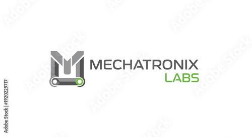 Modern gray M letter logo with a gear icon, symbolizing mechatronics and engineering on isolated white background.