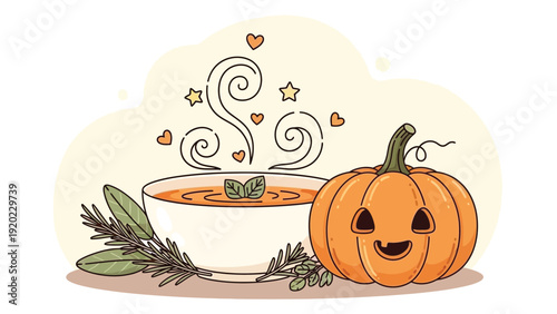 Cartoon illustration of a steaming bowl of pumpkin soup beside a smiling jack-o-lantern with herbs on a wooden surface against a white background with warm autumnal tones.
