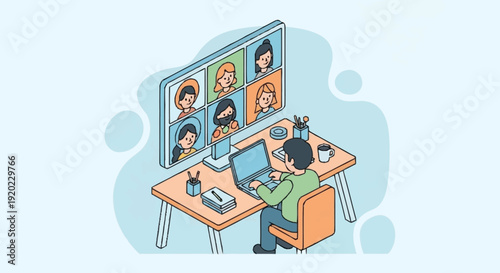 Person working remotely on computer with video conference call on screen.