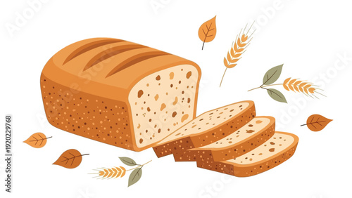 Illustration of a loaf of bread with three slices cut off and wheat grains scattered around on a white background.