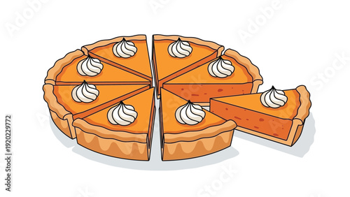 Illustration of a pumpkin pie sliced into eight pieces with whipped cream toppings on a plain white background.